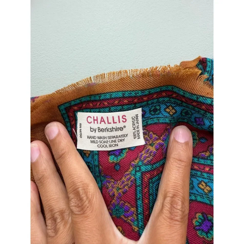 Vintage Challis by Berkshire Paisley Fringe Square Scarf 30x30 Boho